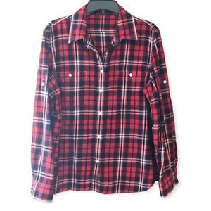 Western Sz L Red Plaid Button-Up Long Sleeve Rustic Farm-core Shirt